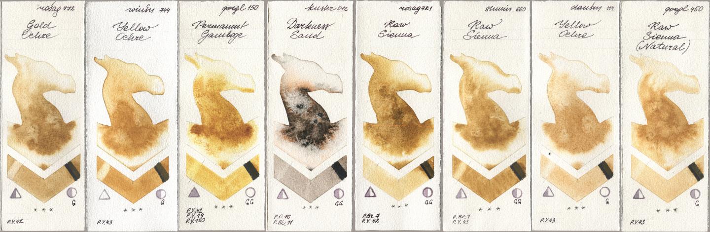 Rosa Gallery 772 Gold Ochre, Winsor & Newton Professional 744 Yellow Ochre, Golden QOR 150 Permanent Gamboge, Kusakabe 012 Darkness Sand, 721 Raw Sienna, Shminke Horadam Aquarell 660 Raw Sienna, Daniel Smith 114 Yellow Ochre, 450 Raw Sienna (Natura watercolor swatch