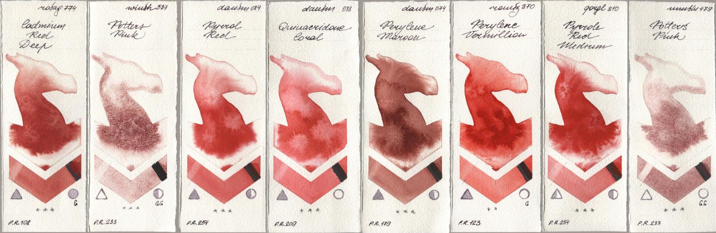 Rosa Gallery 774 Cadmium Red Deep, Winsor & Newton Professional 537 Potters Pink, Daniel Smith 084 Pyrrol Red, 088 Quinacridone Coral, 074 Perylene Maroon, Roman Szmal Aquarius 370 Perylene Vermillion, Golden QOR 210 Pyrrole Red Medium, Maimeri Blu 479 Potters Pi watercolor swatch
