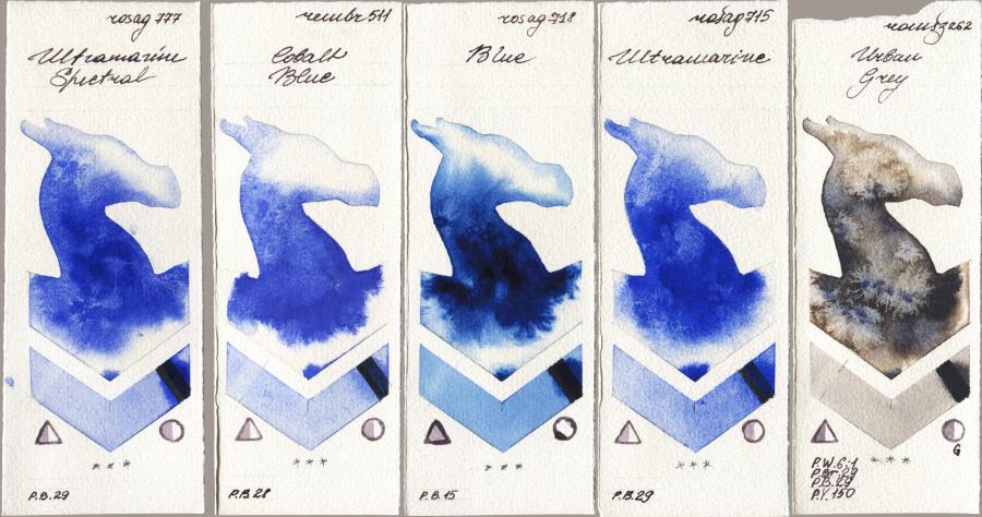 Rosa Gallery 777 Ultramarine Spectral vs Royal Talens Rembrandt Watercolour 511 Cobalt Blue vs 718 Blue vs 715 Ultramarine vs Roman Szmal Aquarius 262 Urban Grey watercolor swatch