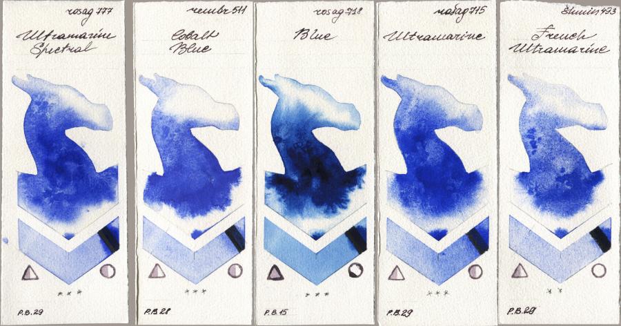 Rosa Gallery 777 Ultramarine Spectral vs Royal Talens Rembrandt Watercolour 511 Cobalt Blue vs 718 Blue vs 715 Ultramarine vs Shminke Horadam Aquarell 493 French Ultramarine watercolor swatch