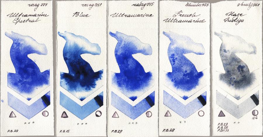 Rosa Gallery 777 Ultramarine Spectral vs 718 Blue vs 715 Ultramarine vs Shminke Horadam Aquarell 493 French Ultramarine vs 968 Haze Indigo watercolor swatch