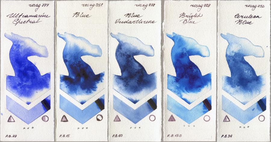 Rosa Gallery 777 Ultramarine Spectral vs 718 Blue vs 738 Blue Indanthrone vs 729 Bright Blue vs 752 Cerulean Blue watercolor swatch