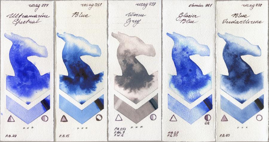 Rosa Gallery 777 Ultramarine Spectral vs 718 Blue vs 759 Warm Grey vs Shminke Horadam Aquarell 961 Glacier Blue vs 738 Blue Indanthrone watercolor swatch