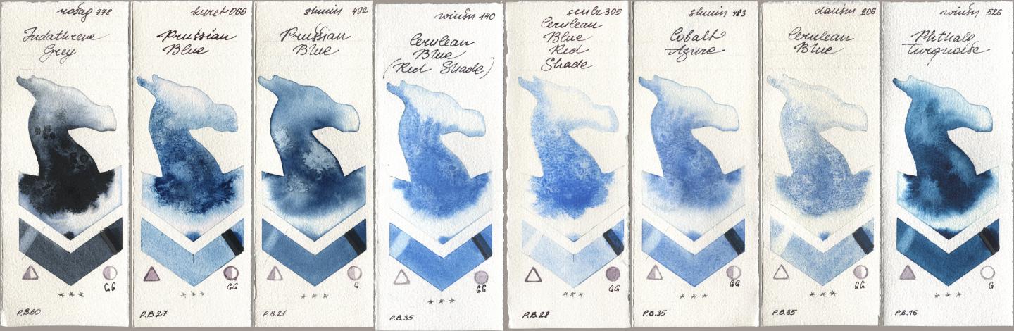 Rosa Gallery 778 Indanthrene Grey, Kuretake Gansai Tambi 066 Prussian Blue, Shminke Horadam Aquarell 492 Prussian Blue, Winsor & Newton Professional 140 Cerulean Blue (Red Shade), Sennelier l Aquarelle 305 Cerulean Blue Red Shade, 483 Cobalt Azure, Daniel Smith 206 Cerulean Blue, 526 Phthalo Turquoi watercolor swatch