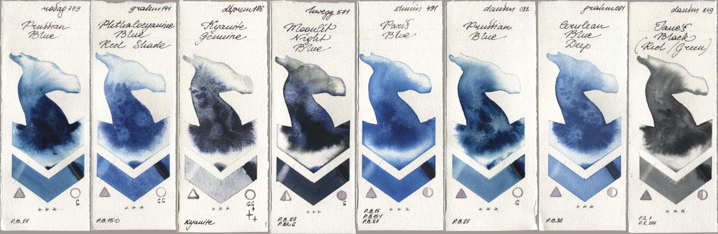 Rosa Gallery 779 Prussian Blue, M. Graham & Co. Artists 141 Phthalocyanine Blue Red Shade, Daniel Smith 186 Kyanite Genuine, Holbein Artists Watercolor 571 Moonlit Night Blue, Shminke Horadam Aquarell 491 Paris Blue, 082 Prussian Blue, 081 Cerulean Blue Deep, 249 Janes Black (Red/Gree watercolor swatch