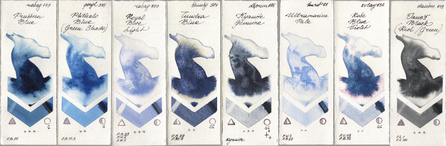 Rosa Gallery 779 Prussian Blue, Golden QOR 345 Phthalo Blue (Green Shade), 750 Royal Blue Light, Shminke Horadam Aquarell 984 Tundra Blue, Daniel Smith 186 Kyanite Genuine, Kuretake Gansai Tambi 061 Ultramatire Pale, SuperVision 736 Rose Blue Violet, 249 Janes Black (Red/Gree watercolor swatch