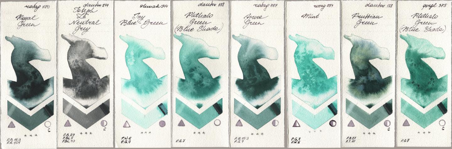 Rosa Gallery 780 Royal Green, Daniel Smith 244 Joseph Zs Neutral Grey, Shminke Akademie Aquarell 914 Icy Blue-Green, 078 Phthalo Green (Blue Shade), 767 Azure Green, 754 Mint, 128 Prussian Green, Golden QOR 375 Phthalo Green (Blue Shad watercolor swatch