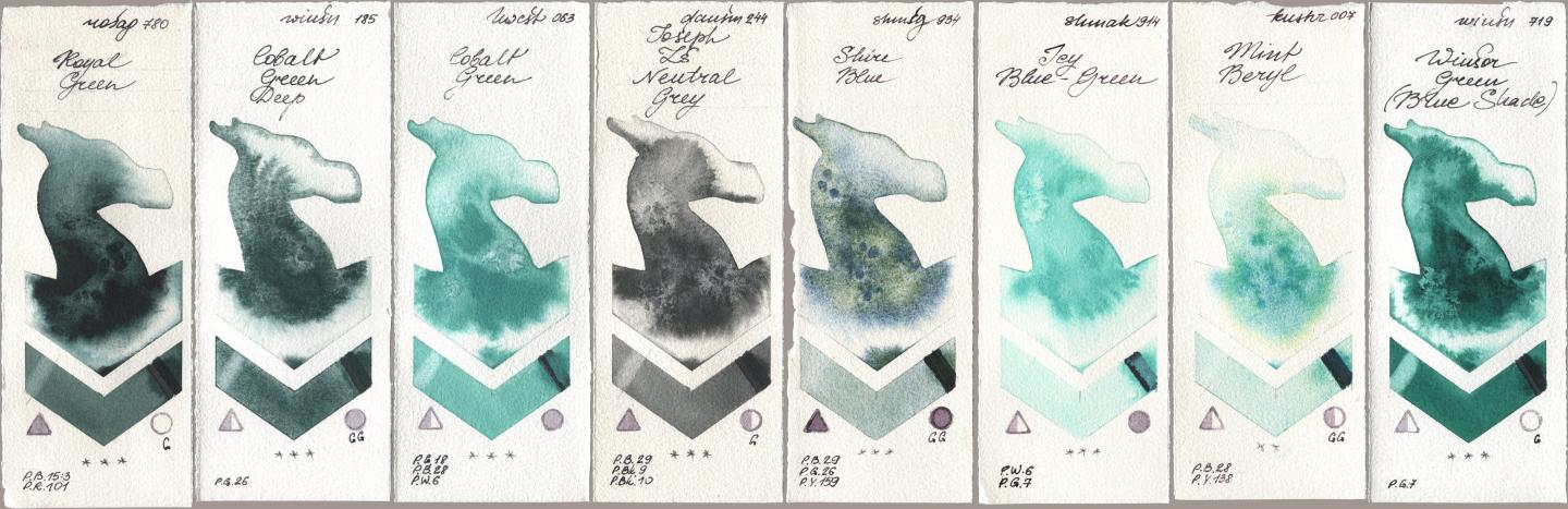 Rosa Gallery 780 Royal Green, Winsor & Newton Professional 185 Cobalt Green Deep, Holbein Artists Watercolor 063 Cobalt Green, Daniel Smith 244 Joseph Zs Neutral Grey, Shminke Horadam Aquarell 934 Shire Blue, Shminke Akademie Aquarell 914 Icy Blue-Green, Kusakabe 007 Mint Beryl, 719 Winsor Green (Blue Shad watercolor swatch