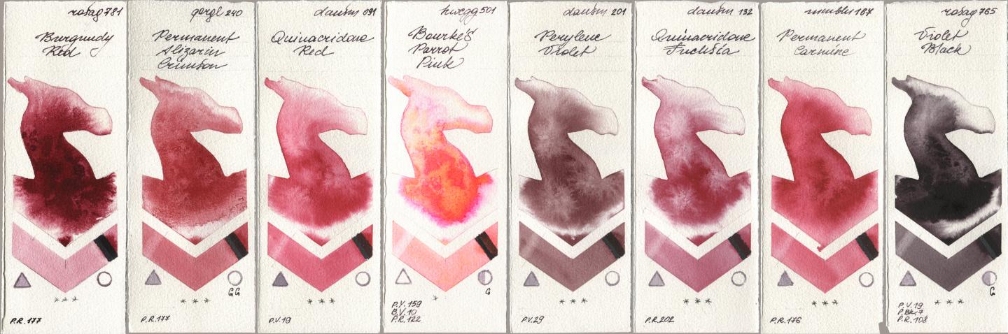 Rosa Gallery 781 Burgundy Red, Golden QOR 240 Permanent Alizarin Crimson, Daniel Smith 091 Quinacridone Red, Holbein Artists Watercolor 501 Bourkes Parrot Pink, 201 Perylene Violet, 132 Quinacridone Fuchsia, Maimeri Blu 167 Permanent Carmine, 765 Violet Bla watercolor swatch