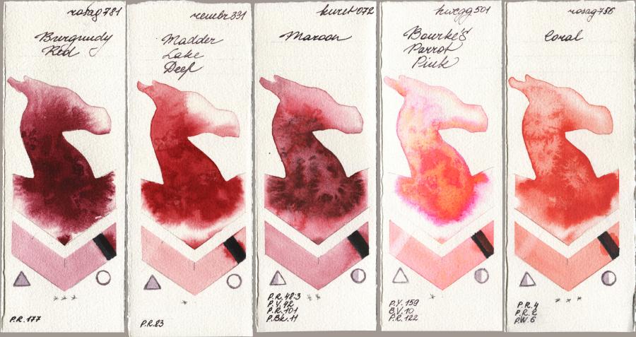 Rosa Gallery 781 Burgundy Red vs Royal Talens Rembrandt Watercolour 331 Madder Lake Deep vs Kuretake Gansai Tambi 072 Maroon vs Holbein Artists Watercolor 501 Bourkes Parrot Pink vs 756 Coral watercolor swatch