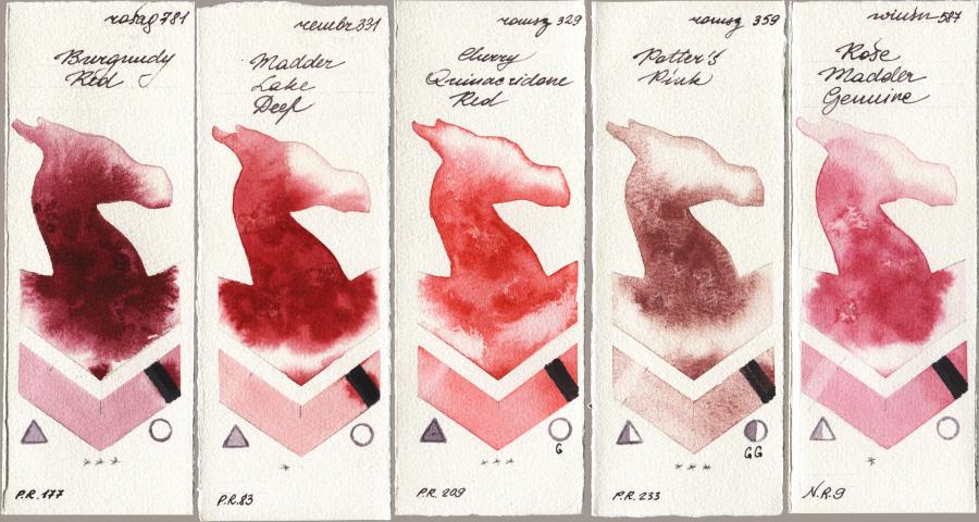 Rosa Gallery 781 Burgundy Red vs Royal Talens Rembrandt Watercolour 331 Madder Lake Deep vs Roman Szmal Aquarius 329 Cherry Quinacridone Red vs 359 Potters Pink vs Winsor & Newton Professional 587 Rose Madder Genuine watercolor swatch