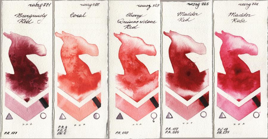 Rosa Gallery 781 Burgundy Red vs 756 Coral vs Roman Szmal Aquarius 329 Cherry Quinacridone Red vs 725 Madder Red vs 726 Madder Rose watercolor swatch