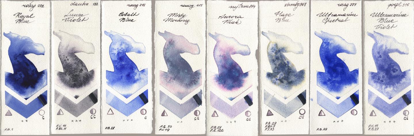 Rosa Gallery 782 Royal Blue, Daniel Smith 182 Lunar Violet, 716 Cobalt Blue, Roman Szmal Aquarius 415 Misty Morning, Mijello Mission Gold 814 Aurora Pink, Shminke Horadam Aquarell 967 Haze Blue, 777 Ultramarine Spectral, Golden QOR 316 Ultramarine Blue Viol watercolor swatch