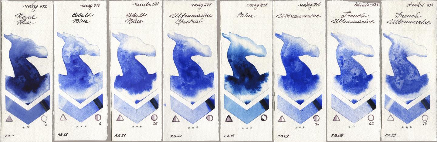 Rosa Gallery 782 Royal Blue, 716 Cobalt Blue, Royal Talens Rembrandt Watercolour 511 Cobalt Blue, 777 Ultramarine Spectral, 718 Blue, 715 Ultramarine, Shminke Horadam Aquarell 493 French Ultramarine, Daniel Smith 034 French Ultramari watercolor swatch