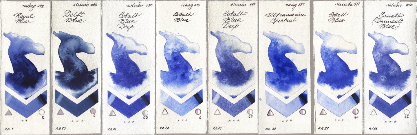 Rosa Gallery 782 Royal Blue, Shminke Horadam Aquarell 482 Delft Blue, Winsor & Newton Professional 180 Cobalt Blue Deep, 716 Cobalt Blue, 488 Cobalt Blue Deep, 777 Ultramarine Spectral, Royal Talens Rembrandt Watercolour 511 Cobalt Blue, 710 Smalt (Dumonts Blu watercolor swatch