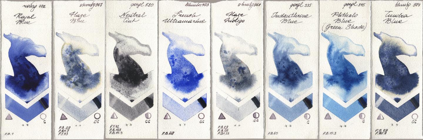 Rosa Gallery 782 Royal Blue, Shminke Horadam Aquarell 967 Haze Blue, Golden QOR 520 Neutral Tint, 493 French Ultramarine, 968 Haze Indigo, 335 Indanthrone Blue, 345 Phthalo Blue (Green Shade), 984 Tundra Bl watercolor swatch