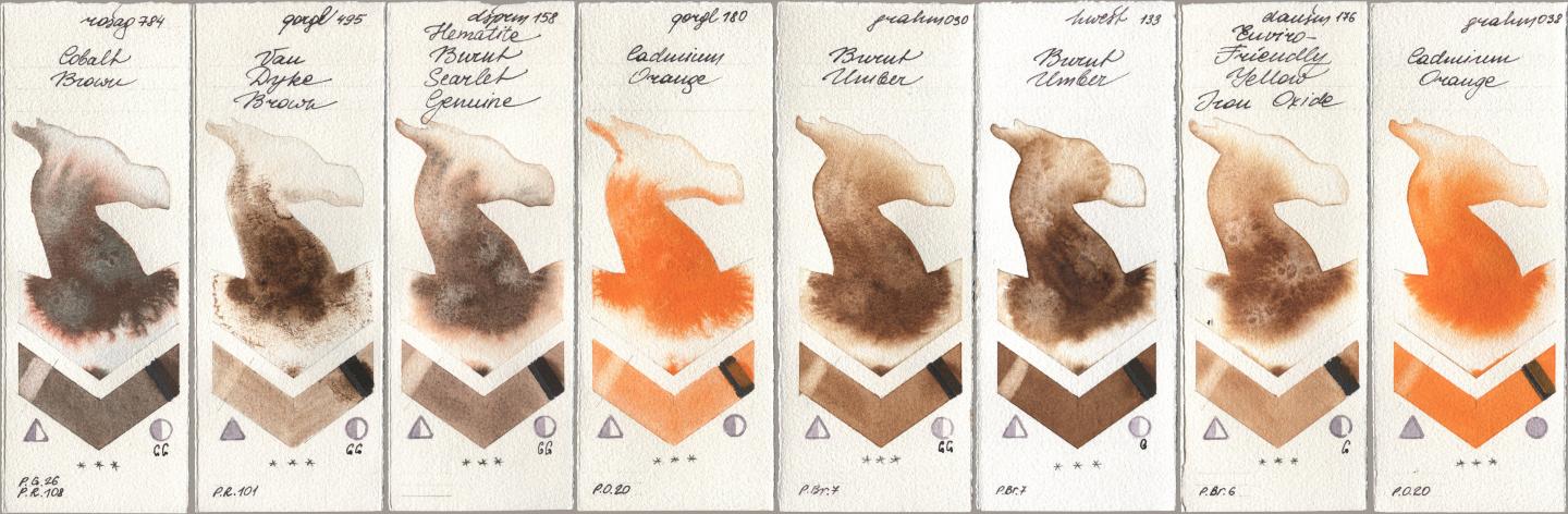 Rosa Gallery 784 Cobalt Brown, Golden QOR 495 Van Dyke Brown, Daniel Smith 158 Hematite Burnt Scarlet Genuine, 180 Cadmium Orange, M. Graham & Co. Artists 030 Burnt Umber, Holbein Artists Watercolor 133 Burnt Umber, 176 Enviro-Friendly Yellow Iron Oxide, 038 Cadmium Oran watercolor swatch