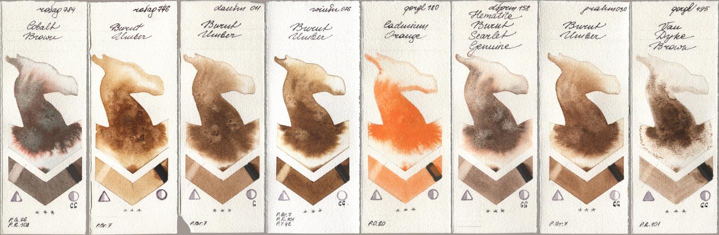 Rosa Gallery 784 Cobalt Brown, 746 Burnt Umber, Daniel Smith 011 Burnt Umber, Winsor & Newton Professional 076 Burnt Umber, Golden QOR 180 Cadmium Orange, 158 Hematite Burnt Scarlet Genuine, M. Graham & Co. Artists 030 Burnt Umber, 495 Van Dyke Bro watercolor swatch