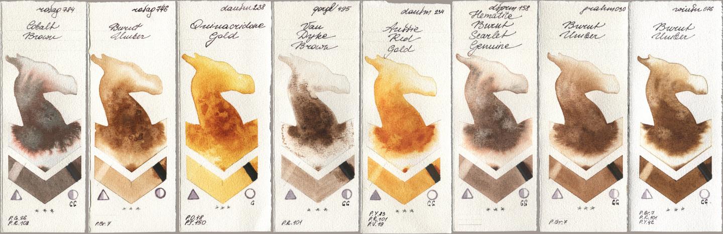 Rosa Gallery 784 Cobalt Brown, 746 Burnt Umber, Daniel Smith 238 Quinacridone Gold, Golden QOR 495 Van Dyke Brown, 234 Aussie Red Gold, 158 Hematite Burnt Scarlet Genuine, M. Graham & Co. Artists 030 Burnt Umber, Winsor & Newton Professional 076 Burnt Umb watercolor swatch