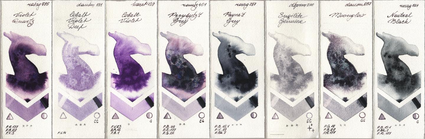 Rosa Gallery 785 Violet Quartz, Daniel Smith 031 Cobalt Violet Deep, Kuretake Gansai Tambi 139 Cobalt Violet, Roman Szmal Aquarius 401 Przybyszs Grey, 737 Paynes Grey, 200 Sugilite Genuine, 057 Moonglow, 724 Neutral Bla watercolor swatch