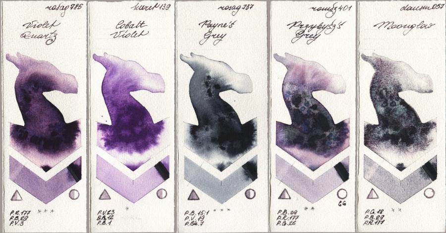 Rosa Gallery 785 Violet Quartz vs Kuretake Gansai Tambi 139 Cobalt Violet vs 737 Paynes Grey vs Roman Szmal Aquarius 401 Przybyszs Grey vs Daniel Smith 057 Moonglow watercolor swatch