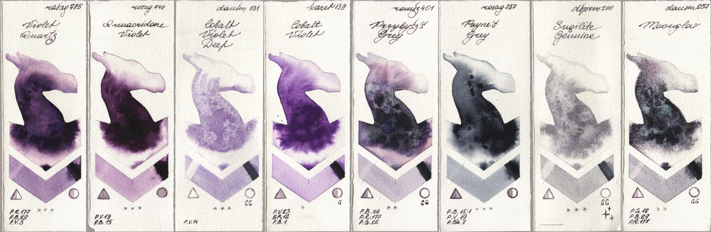 Rosa Gallery 785 Violet Quartz, 749 Quinacridone Violet, Daniel Smith 031 Cobalt Violet Deep, Kuretake Gansai Tambi 139 Cobalt Violet, Roman Szmal Aquarius 401 Przybyszs Grey, 737 Paynes Grey, 200 Sugilite Genuine, 057 Moongl watercolor swatch