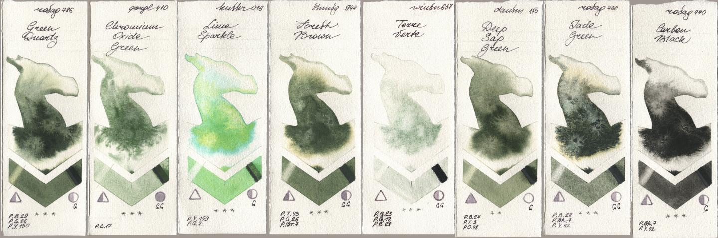 Rosa Gallery 786 Green Quartz, Golden QOR 410 Chromium Oxide Green, Kusakabe 016 Lime Sparkle, Shminke Horadam Aquarell 944 Forest Brown, Winsor & Newton Professional 637 Terre Verte, Daniel Smith 175 Deep Sap Green, 766 Jade Green, 770 Carbon Bla watercolor swatch