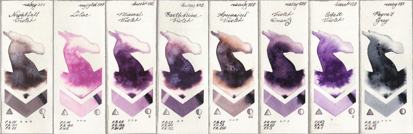 Rosa Gallery 787 Nightfall Violet, Mijello Mission Gold 558 Lilac, Holbein Artists Watercolor 112 Mineral Violet, 542 Earthshine Violet, Roman Szmal Aquarius 369 Aquarius Violet, 785 Violet Quartz, Kuretake Gansai Tambi 139 Cobalt Violet, 737 Paynes Gr watercolor swatch