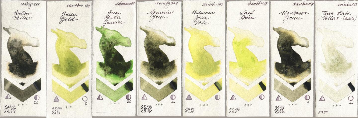 Rosa Gallery 788 Carbon Yellow, Daniel Smith 139 Green Gold, 197 Green Apatite Genuine, Roman Szmal Aquarius 346 Aquarius Green, Shinhan PWC 563 Cadmium Green Pale, Holbein Artists Watercolor 077 Leaf Green, 109 Undersea Green, Winsor & Newton Professional 638 Terre Verte (Yellow Shad watercolor swatch