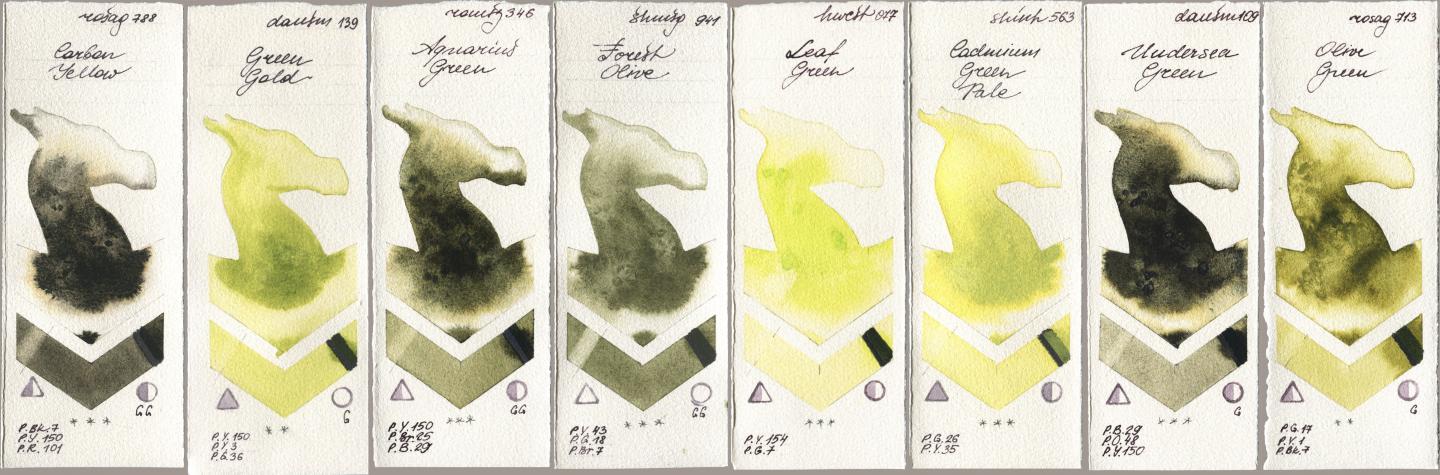 Rosa Gallery 788 Carbon Yellow, Daniel Smith 139 Green Gold, Roman Szmal Aquarius 346 Aquarius Green, Shminke Horadam Aquarell 941 Forest Olive, Holbein Artists Watercolor 077 Leaf Green, Shinhan PWC 563 Cadmium Green Pale, 109 Undersea Green, 713 Olive Gre watercolor swatch