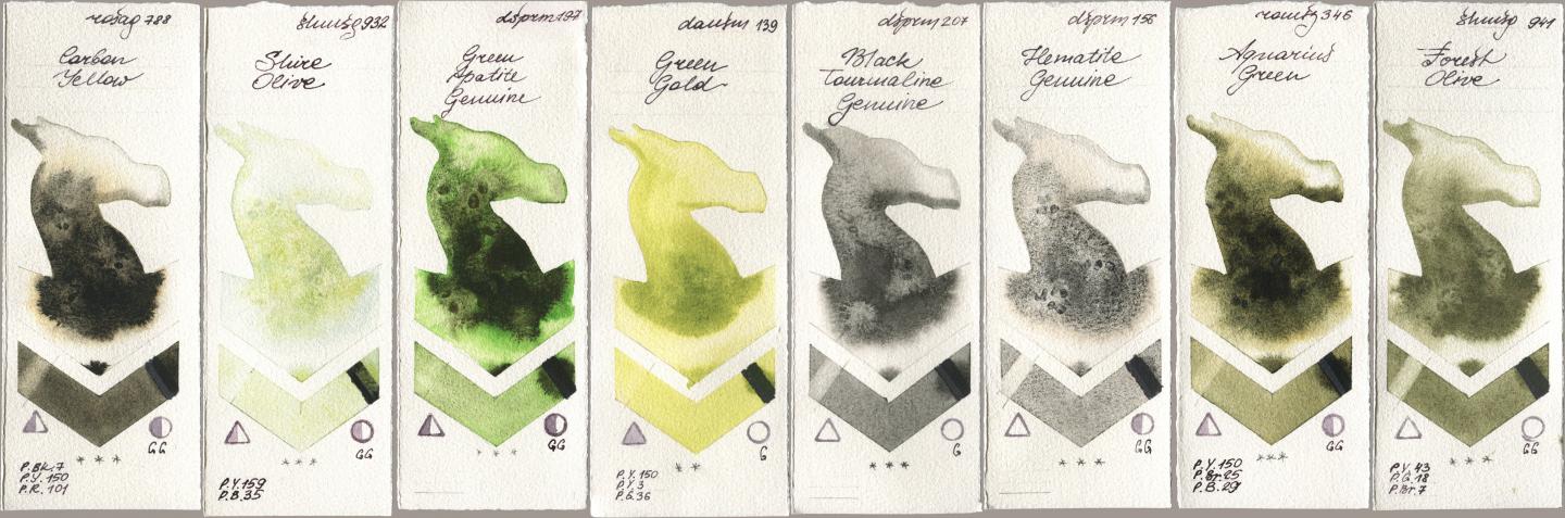 Rosa Gallery 788 Carbon Yellow, Shminke Horadam Aquarell 932 Shire Olive, Daniel Smith 197 Green Apatite Genuine, 139 Green Gold, 207 Black Tourmaline Genuine, 156 Hematite Genuine, Roman Szmal Aquarius 346 Aquarius Green, 941 Forest Oli watercolor swatch