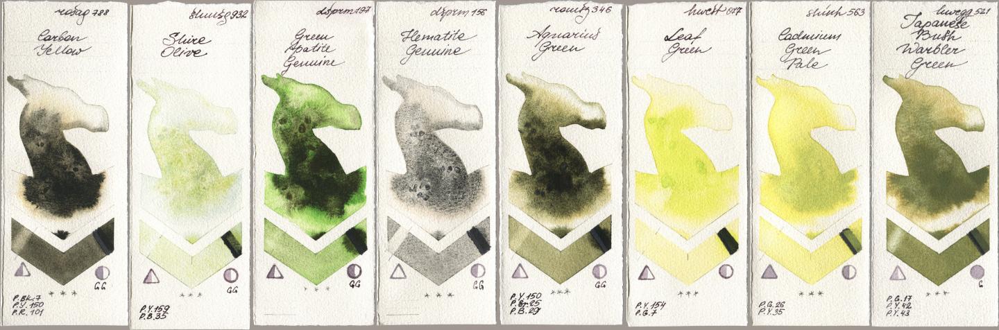 Rosa Gallery 788 Carbon Yellow, Shminke Horadam Aquarell 932 Shire Olive, Daniel Smith 197 Green Apatite Genuine, 156 Hematite Genuine, Roman Szmal Aquarius 346 Aquarius Green, Holbein Artists Watercolor 077 Leaf Green, Shinhan PWC 563 Cadmium Green Pale, 521 Japanese Bush Warbler Gre watercolor swatch