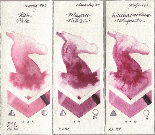 Rosa Gallery 793 Rose Pale, Daniel Smith 214 Mayan Violet, Golden QOR 265 Quinacridone Magen watercolor swatch