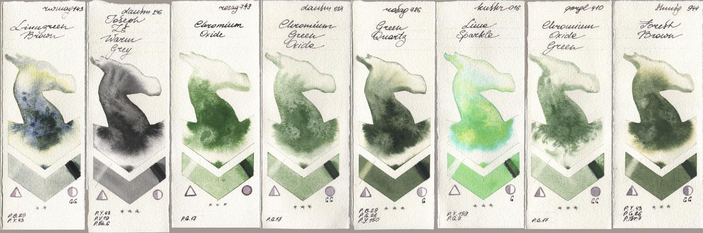 Rockwell 143 Limugreen Brown, Daniel Smith 246 Joseph Zs Warm Grey, Rosa Gallery 743 Chromium Oxide, 024 Chromium Green Oxide, 786 Green Quartz, Kusakabe 016 Lime Sparkle, Golden QOR 410 Chromium Oxide Green, Shminke Horadam Aquarell 944 Forest Bro watercolor swatch