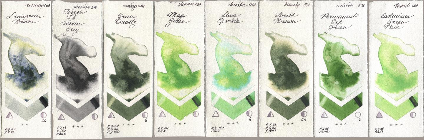 Rockwell 143 Limugreen Brown, Daniel Smith 246 Joseph Zs Warm Grey, Rosa Gallery 786 Green Quartz, Shminke Horadam Aquarell 524 May Green, Kusakabe 016 Lime Sparkle, 944 Forest Brown, Winsor & Newton Professional 503 Permanent Sap Green, Holbein Artists Watercolor 069 Cadmium Green Pa watercolor swatch