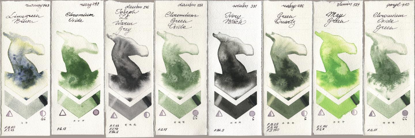 Rockwell 143 Limugreen Brown, Rosa Gallery 743 Chromium Oxide, Daniel Smith 246 Joseph Zs Warm Grey, 024 Chromium Green Oxide, Winsor & Newton Professional 331 Ivory Black, 786 Green Quartz, Shminke Horadam Aquarell 524 May Green, Golden QOR 410 Chromium Oxide Gre watercolor swatch
