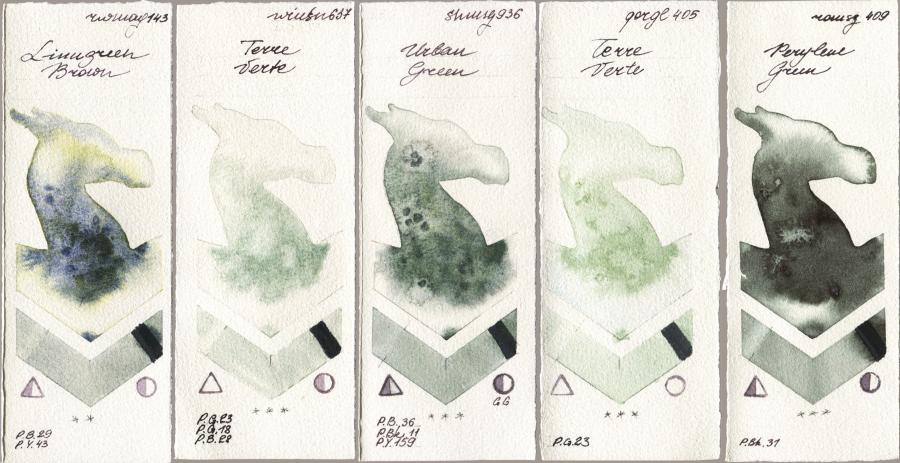 Rockwell 143 Limugreen Brown vs Winsor & Newton Professional 637 Terre Verte vs Shminke Horadam Aquarell 936 Urban Green vs Golden QOR 405 Terre Verte vs Roman Szmal Aquarius 409 Perylene Green watercolor swatch