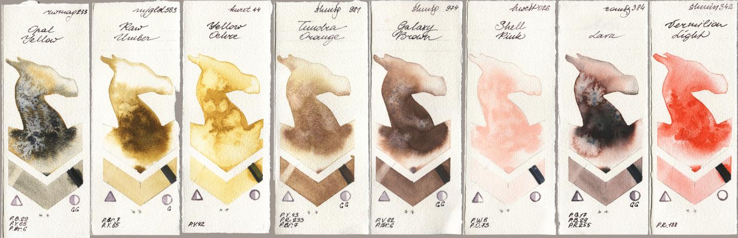 Rockwell 233 Opal Yellow, Mijello Mission Gold 563 Raw Umber, Kuretake Gansai Tambi 044 Yellow Ochre, Shminke Horadam Aquarell 981 Tundra Orange, 974 Galaxy Brown, Holbein Artists Watercolor 026 Shell Pink, Roman Szmal Aquarius 384 Lava, 342 Vermilion Lig watercolor swatch