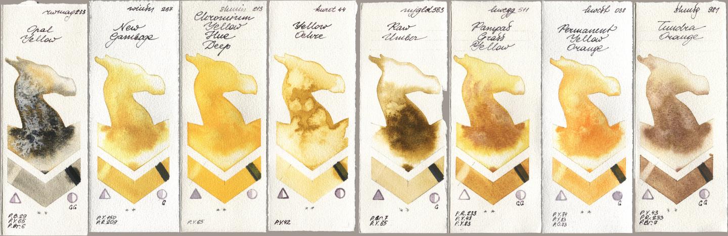 Rockwell 233 Opal Yellow, Winsor & Newton Professional 267 New Gamboge, Shminke Horadam Aquarell 213 Chrome Yellow Deep LF (Chromium Yellow Hue Deep), Kuretake Gansai Tambi 044 Yellow Ochre, Mijello Mission Gold 563 Raw Umber, Holbein Artists Watercolor 511 Pampas Grass Yellow, 038 Permanent Yellow Orange, 981 Tundra Oran watercolor swatch