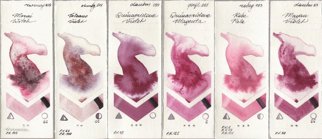 Rockwell 414 Morai Witch, Shminke Horadam Aquarell 914 Volcano Violet, Daniel Smith 094 Quinacridone Violet, Golden QOR 265 Quinacridone Magenta, Rosa Gallery 793 Rose Pale, 214 Mayan Viol watercolor swatch