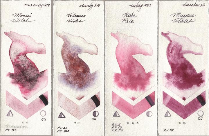 Rockwell 414 Morai Witch, Shminke Horadam Aquarell 914 Volcano Violet, Rosa Gallery 793 Rose Pale, Daniel Smith 214 Mayan Viol watercolor swatch