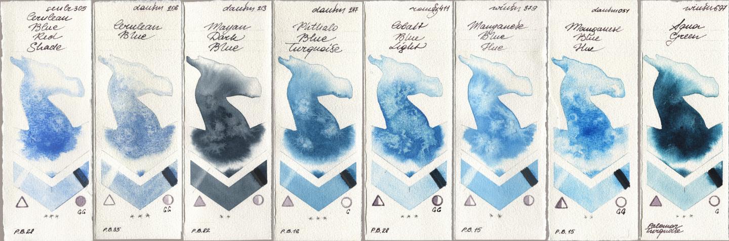 Sennelier l Aquarelle 305 Cerulean Blue Red Shade, Daniel Smith 206 Cerulean Blue, 213 Mayan Dark Blue, 247 Phthalo Blue Turquoise, Roman Szmal Aquarius 411 Cobalt Blue Light, Winsor & Newton Professional 379 Manganese Blue Hue, 051 Manganese Blue Hue, 697 Aqua Gre watercolor swatch