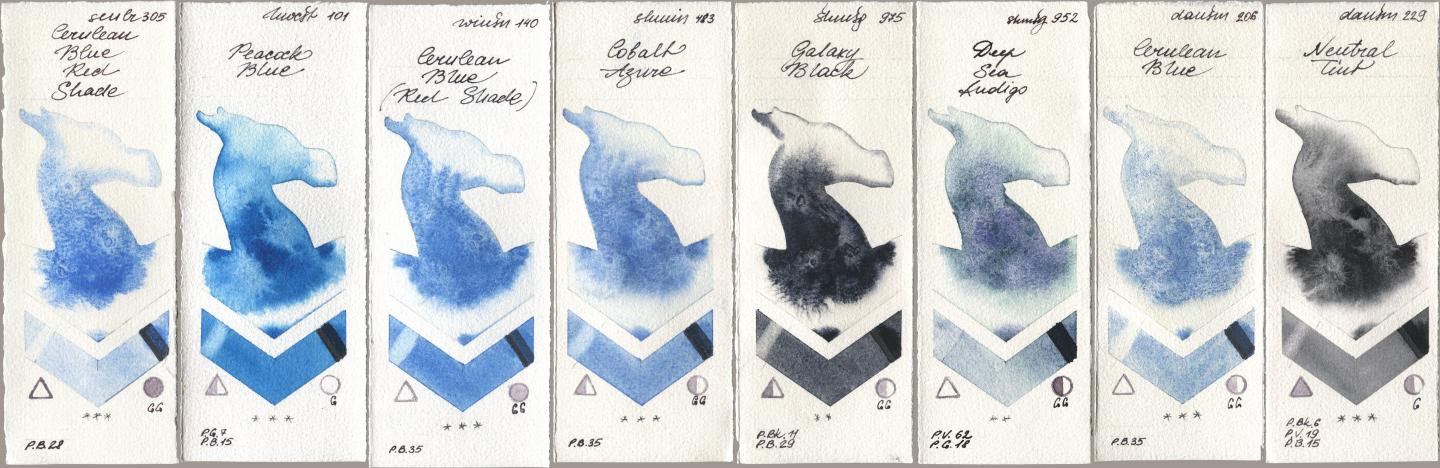 Sennelier l Aquarelle 305 Cerulean Blue Red Shade, Holbein Artists Watercolor 101 Peacock Blue, Winsor & Newton Professional 140 Cerulean Blue (Red Shade), Shminke Horadam Aquarell 483 Cobalt Azure, 975 Galaxy Black, 952 Deep Sea Indigo, Daniel Smith 206 Cerulean Blue, 229 Neutral Ti watercolor swatch