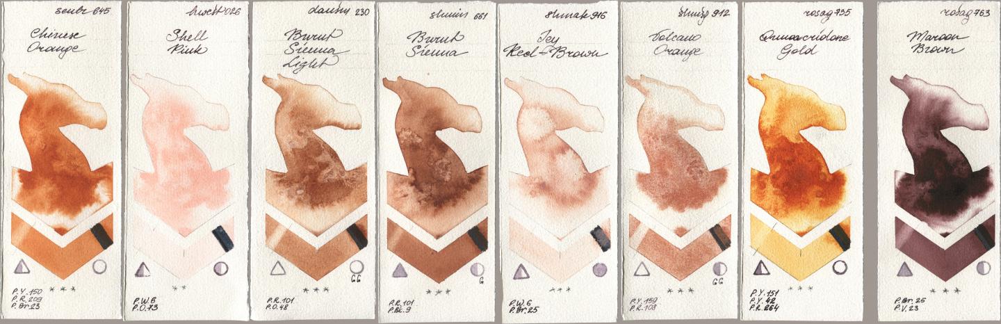 Sennelier l Aquarelle 645 Chinese Orange, Holbein Artists Watercolor 026 Shell Pink, Daniel Smith 230 Burnt Sienna Light, Shminke Horadam Aquarell 661 Burnt Sienna, Shminke Akademie Aquarell 916 Icy Red-Brown, 912 Volcano Orange, Rosa Gallery 735 Quinacridone Gold, 763 Maroon Bro watercolor swatch