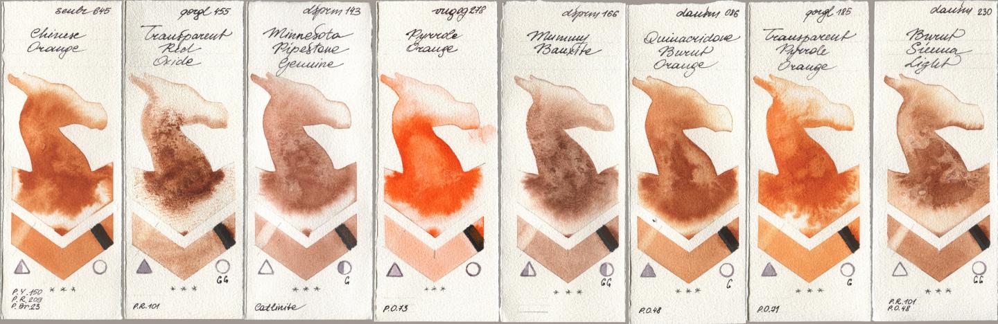 Sennelier l Aquarelle 645 Chinese Orange, Golden QOR 455 Transparent Red Oxide, Daniel Smith 143 Minnesota Pipestone Genuine, Royal Talens Van Gogh Watercolour 278 Pyrrole Orange, 166 Mummy Bauxite, 086 Quinacridone Burnt Orange, 185 Transparent Pyrrole Orange, 230 Burnt Sienna Lig watercolor swatch