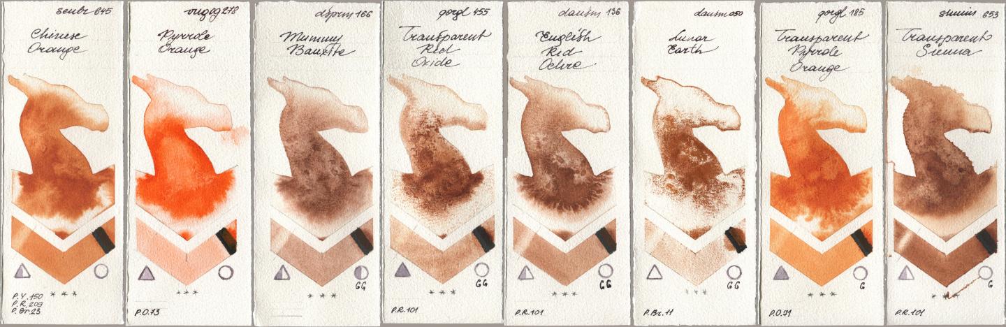 Sennelier l Aquarelle 645 Chinese Orange, Royal Talens Van Gogh Watercolour 278 Pyrrole Orange, Daniel Smith 166 Mummy Bauxite, Golden QOR 455 Transparent Red Oxide, 136 English Red Ochre, 050 Lunar Earth, 185 Transparent Pyrrole Orange, Shminke Horadam Aquarell 653 Transparent Sien watercolor swatch