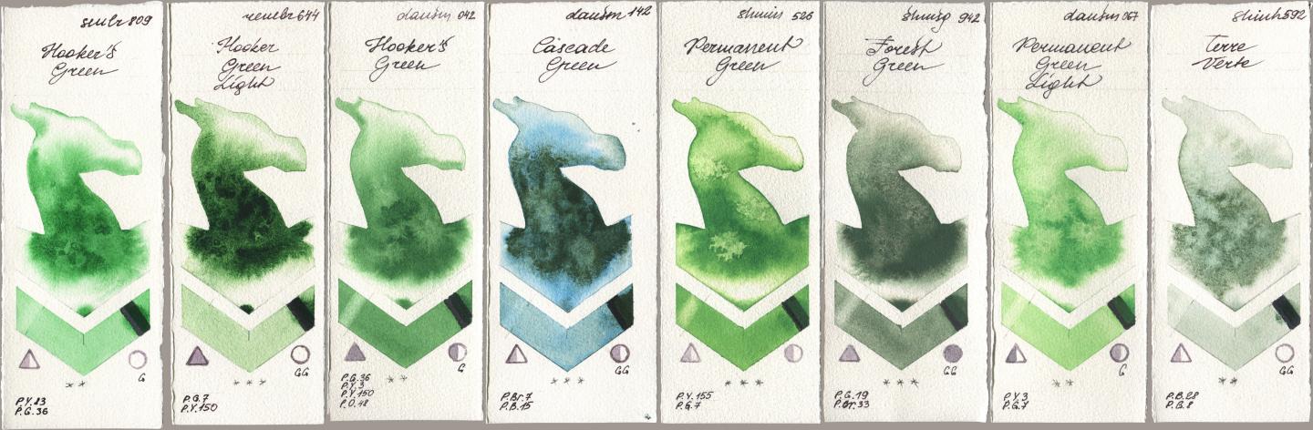 Sennelier l Aquarelle 809 Hookers Green, Royal Talens Rembrandt Watercolour 644 Hooker Green Light, Daniel Smith 042 Hookers Green, 142 Cascade Green, Shminke Horadam Aquarell 526 Permanent Green, 942 Forest Green, 067 Permanent Green Light, Shinhan PWC 592 Terre Ver watercolor swatch