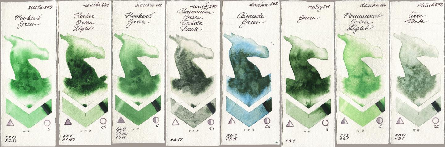 Sennelier l Aquarelle 809 Hookers Green, Royal Talens Rembrandt Watercolour 644 Hooker Green Light, Daniel Smith 042 Hookers Green, Roman Szmal Aquarius 270 Chromium Green Oxide Dark, 142 Cascade Green, Rosa Gallery 711 Green, 067 Permanent Green Light, Shinhan PWC 592 Terre Ver watercolor swatch