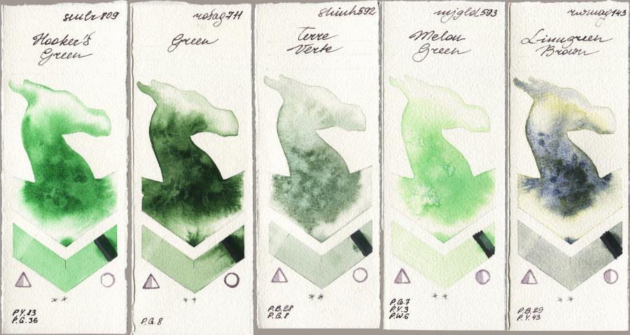 Sennelier l Aquarelle 809 Hookers Green vs Rosa Gallery 711 Green vs Shinhan PWC 592 Terre Verte vs Mijello Mission Gold 593 Melon Green vs Rockwell 143 Limugreen Brown watercolor swatch