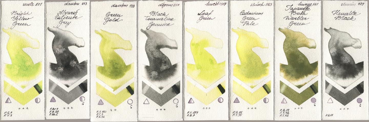 Sennelier l Aquarelle 871 Bright Yellow Green, Daniel Smith 243 Alvaros Caliente Grey, 139 Green Gold, 207 Black Tourmaline Genuine, Holbein Artists Watercolor 077 Leaf Green, Shinhan PWC 563 Cadmium Green Pale, 521 Japanese Bush Warbler Green, Shminke Horadam Aquarell 789 Hematite Bla watercolor swatch